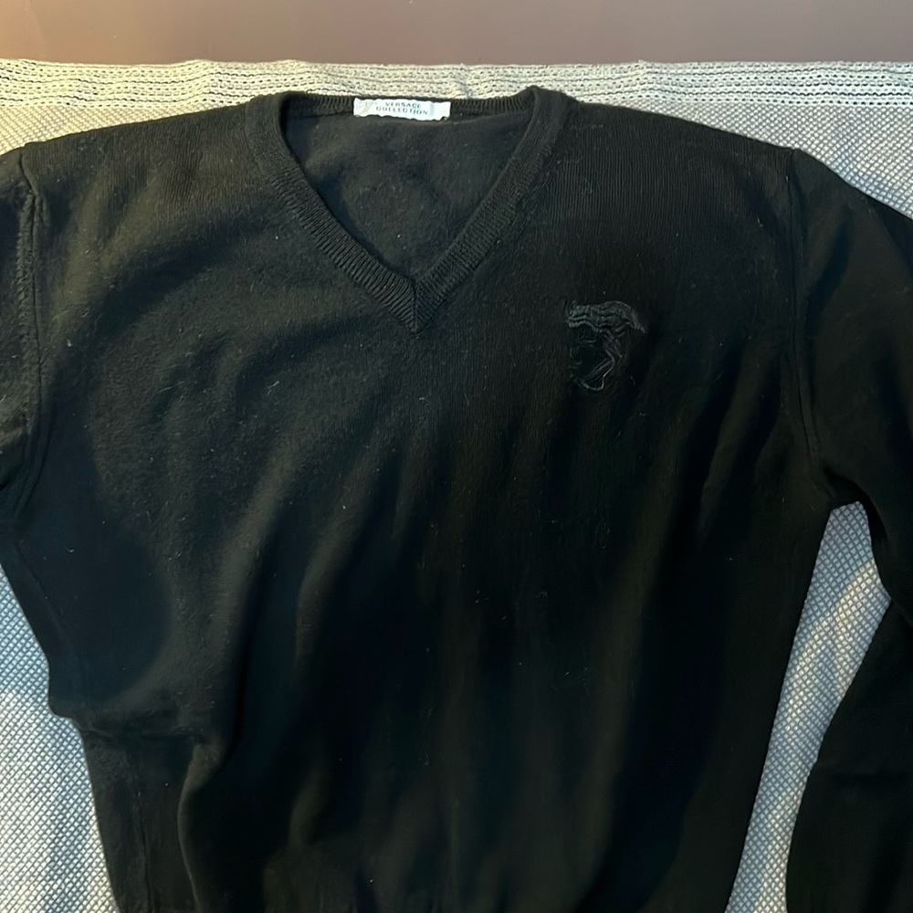 Versace Collection Black‎ Slim Fit 100% Wool Classic V-Neck Sweater Pullover